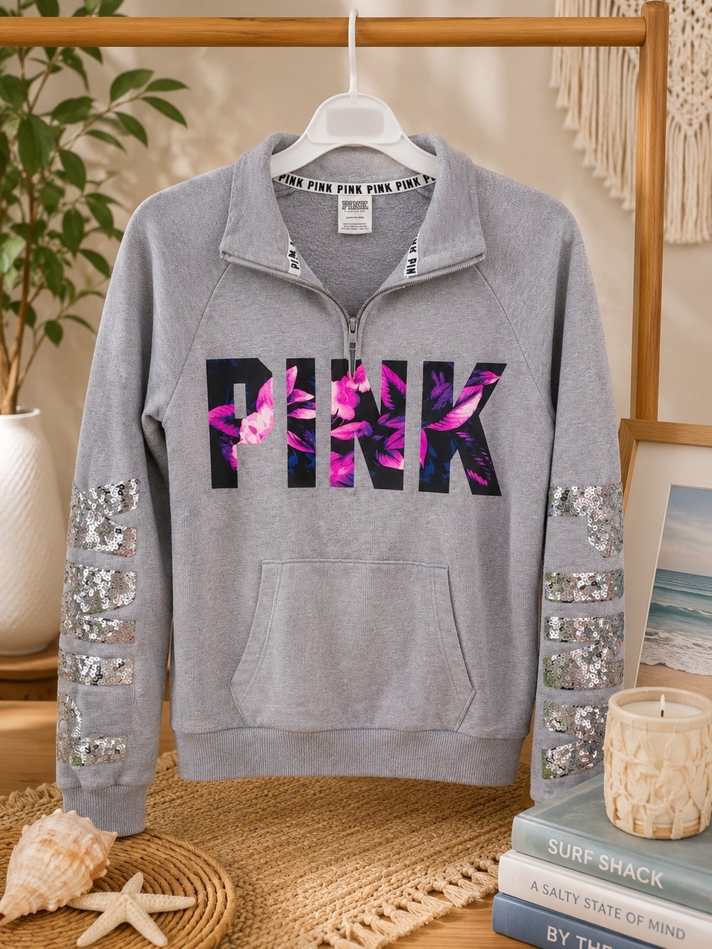 PINK Victoria's Secret Quarter Zip Sequin Sleeve Gray Pullover Sweatshirt Small